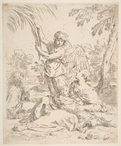 Hvil i Egypt, Maria ammer spedbarnet Kristus mens en engel drar i tregrener, ca. 1639. av Simone Cantarini