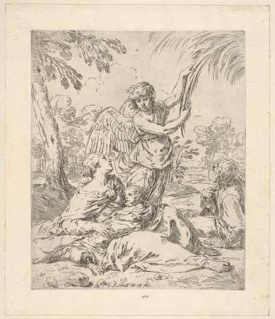 Hvil i Egypt, Maria som ammer spedbarnet Kristus mens en engel drar i en gren..., ca.1630-1648. av Simone Cantarini