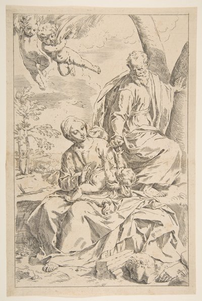 Hvil på flukten inn i Egypt, Maria holder spedbarnet Kristus mens St. Josef gir h..., ca. 1639. av Simone Cantarini
