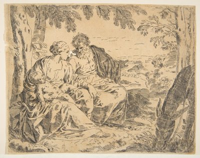 Hvil på flyturen til Egypt, Maria holder spedbarnet Kristus mens St. ..., ca. 1637-1639 eller senere. av Simone Cantarini