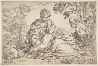 Hvil på flyturen til Egypt, Maria holder spedbarnet Kristus med St. Joseph til høyre, ca. 1640. av Simone Cantarini