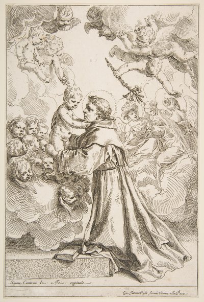 Den hellige Antonius av Padova tilber Kristusbarnet i herlighet av Simone Cantarini