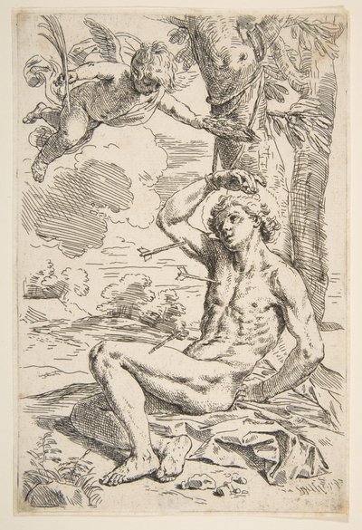 Saint Sebastian gjennomboret med piler og bundet til et tre, ca. 1639. av Simone Cantarini