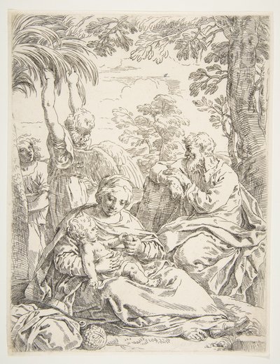 Den hellige familie hviler på flukt til Egypt, ca. 1637-1639. av Simone Cantarini