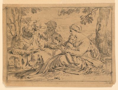 Den hellige familie med Saint John og Saint Elizabeth av Simone Cantarini