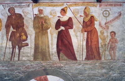 Døden med den lamme mannen, nonnen, den unge kvinnen, den gamle kvinnen og barnet, detalj fra Dødedansen av Simone II Baschenis