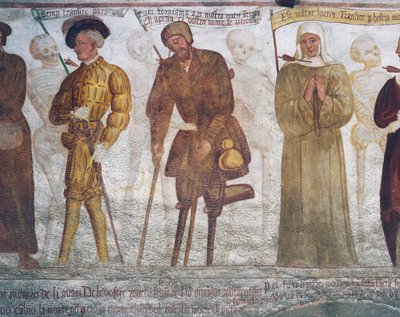 Døden med den unge mannen, tiggeren og nonnen, detalj fra Dødsdansen av Simone II Baschenis
