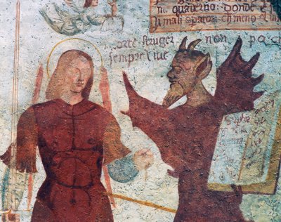 Erkeengelen Mikael og djevelen med boken om de syv dødssyndene, detalj fra Dødedansen av Simone II Baschenis