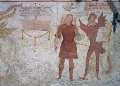 Erkeengelen Mikael og djevelen med boken om de syv dødssyndene, detalj fra Dødedansen av Simone II Baschenis