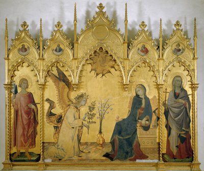 Annunciation (med Saint Judith og Saint Ansano) - Tempera på tre av Simone Martini
