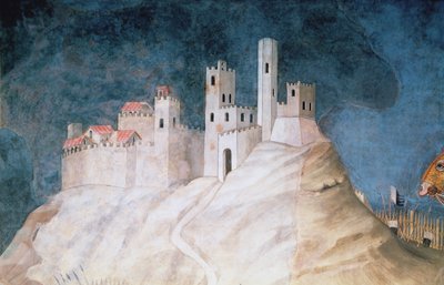 Minnemarkering av Guidoriccio da Fogliano ved beleiringen av Montemassi, detalj av festningen Montemassi, fra Sala del Mappamondo, 1328 av Simone Martini