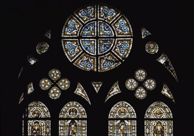Detalj av den sentrale rosetten, med i de ovale vinduene symboler på evangelistene - Glassmaleri av Simone Martini (ca. 1284-1344), cm. 570 x 400. Basilica of St. Francis of Assisi, Lower Church, Chapel of St. Louis, Assisi av Simone Martini