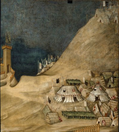 Detalj av militærleiren bak Guido Riccio da Fogliano, under erobringen av slottet Montemassi, i 1328 (fresco av Simone Martini