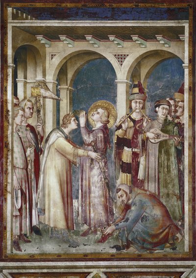 Freske av Saint Martins liv. Saint Martin er en ridder, detalj. The eveque Saint Martin de Tours og musikerne. Maleri av Simone Martini (1280-1344). Fresco av Simone Martini