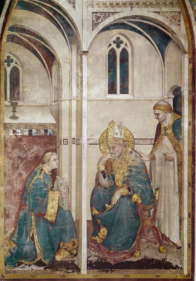 Life of Saint Martin of Tours (316-397): Saint Martin i meditasjon (Saint Martin of Tours mediterer) - Fresco av Simone Martini (ca. 1284-1344), ca. 1312-1317, cm. 390x200 - Basilica of Saint Francis of Assisi, nedre kirkekapell Saint Martin, Assisi av Simone Martini