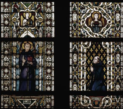 Den hellige Antonius av Padua (1195-1231) og kardinal Gentile av Montefiore (Gentile Partino da Montefiore, Gentilis av Monteflorum, ca. 1240-1312) knelende (St. Anthony av Padua og Gentile da Montefiore) - Glassmaleri av Simone Martini (ca. 1284-1344), cm av Simone Martini
