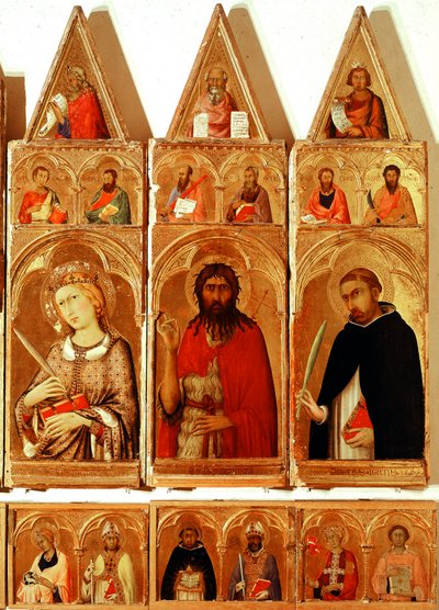 Saint Catherine of Alexandria, Saint John the Baptist, Saint Peter of Verona. Detalj av Saint Catherine of Alexandria Polyptych (tempera og gull på tre av Simone Martini