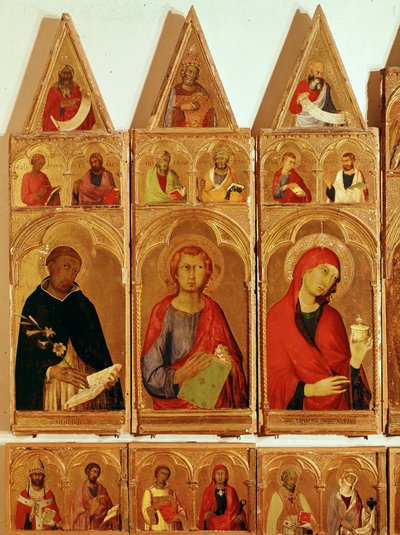 Saint Dominic, Saint John Evangelist, Saint Mary Magdalena. Detalj av Saint Catherine of Alexandria Polyptych (tempera og gull på tre av Simone Martini