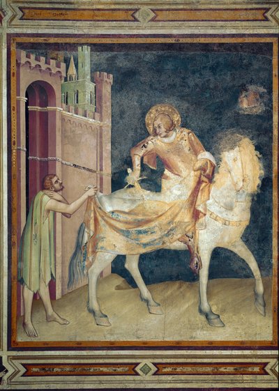 Saint Martin deler frakken sin med en tigger. Fresco av Simone Martini (1282-1344). 1315. Nedre basilika Saint Francois av Assisi, kapell Saint Martin. Sitt ned. av Simone Martini