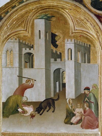 Mirakelet til barnet griper mellom hoggtennene til en ulv. En del av triptyken History of Hermit of St. Augustine (Tempera på tre av Simone Martini