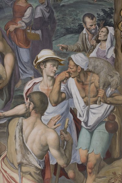 Tilbedelse av hyrdene, 1578-82 (detalj av 3497111) av Simone Veneziano Peterzano