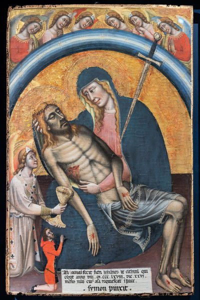 Klagesang over den døde Kristus med klienten, Iohannes de Elthinl, av Simone dei Crocifissi, ca. 1368. Jomfruen er representert som Vår Frue av sorger, med et sverd i hjertet. av Simone dei Crocifissi
