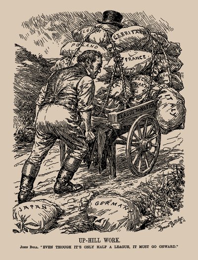 Arbeid i oppoverbakke. John Bull. Selv om det bare er en halv liga, må det fortsette, 1935. av Sir Bernard Partridge