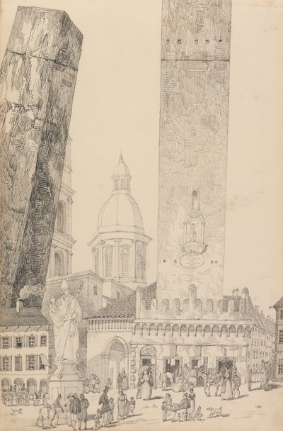 Album med 30 utsikter i Tyrol og Italia: skjeve tårn, statuen av St. Frans, Bologna 12. november 1840 av Sir Charles D