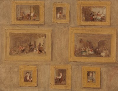 Eneste barnet; Jødens harpe; Den kuttede fingeren; Blindebukk; Leiedagen; The Scotch Piper; Prieu-Dieu; og selvportrett: en skisse av de åtte maleriene innrammet og hengende på en vegg av Sir David Wilkie