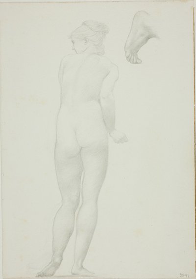 Bakside av stående naken kvinne og skisse av en fot av Sir Edward Burne Jones