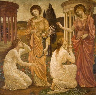 Cupid and Psyche - Palace Green veggmalerier - Psyche at the Shrines of Juno and Ceres, 1881. av Sir Edward Coley Burne Jones