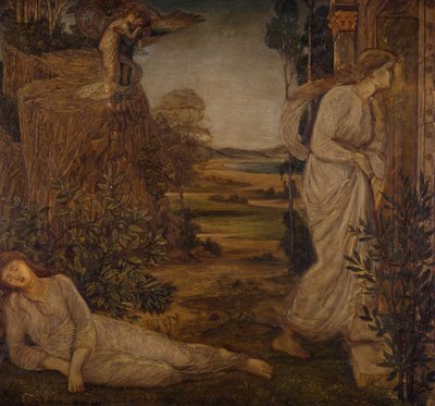 Amor og Psyche - Grønne veggmalerier i palasset - Zephyrus som bærer Psyche til fjellet, 1881. av Sir Edward Coley Burne Jones
