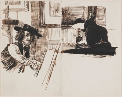 Whistler tegning Poynter; bakfra av en mann som sitter ved et bord nær en tent lampe av Sir Edward John Poynter