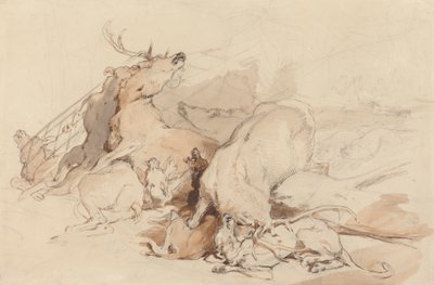 Hunder og jegere som angriper hjort av Sir Edwin Henry Landseer