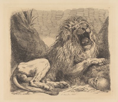 En studie fra naturen; en løve blant steiner, brølende, en menneskeskalle nede til høyre av Sir George Hayter