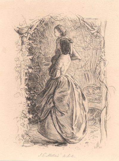 God vårtid. Kvinne og barn ser på fugl i reir. av Sir John Everett Millais