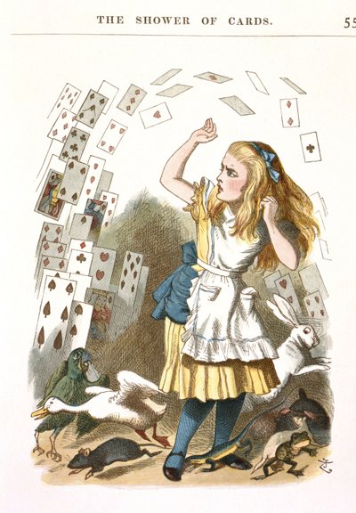 Dusjen av kort. Illustrasjon for Alice i Eventyrland av L. Carroll, 1890 av Sir John Tenniel