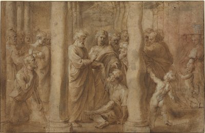 Mirakelet til den lamme mannen helbredet av Saint Peter og Saint John av Sir Peter Paul Rubens over Anonymous Italian after Parmigianino after Raphael