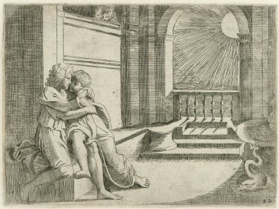 Abimelech ser Isaak Rebekka liefkozen Bijbelse scener (serietittel) Historia del Testamento Vecchio / Malt i Roma i Vatikanet av Raffaelle di Urbin (...) (serietittel) av Sisto Badalocchio