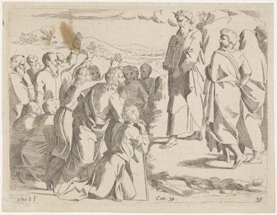 Moses viser lovens tabeller til folket Bibelske scener (serietittel) Historia del Testamento Vecchio / Dipinta in Roma nel Vaticano da Raffaelle di Urbino (...) (serietittel) av Sisto Badalocchio