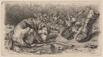 Hunden sover ved siden av et par støvler av Sixt Thon