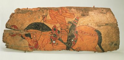 Skjold, funnet i ruinene av Qalai Mugh (Zoroastriernes slott), sent på 1600- og begynnelsen av 1700-tallet (tre, lær og maling) av Sogdian Sogdian