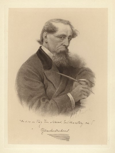 Portrett av Charles Dickens som holder pennen sin (s/hv-bilde) av Solomon (after) Eytinge