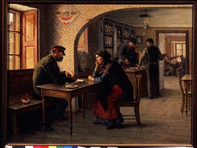 En begjæring (En begjæring). På en kafé snakker en kvinne med en soldat fra den røde hær som fyller ut et skjema for henne. Bak dem, den vanlige travelheten på en kafé. Maleri av Solomon Yakovlevich Kishinevsky (Kishinevsky) (1863-1941), olje av Solomon Yakovlevich Kishinevsky