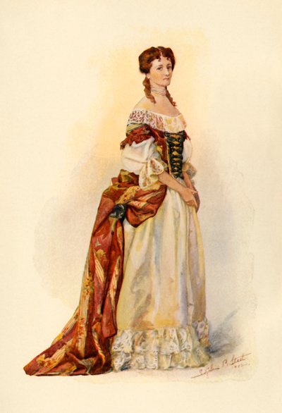 Kjole av rød brokade båret i Barbados-kolonien c1685, 1903, 1937. av Sophie B. Steel