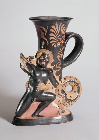 Hornformet Rhyton med rød figur som viser en krokodille som angriper en nubisk, gresk, ca. 350 f.Kr. (leire) av Sotades