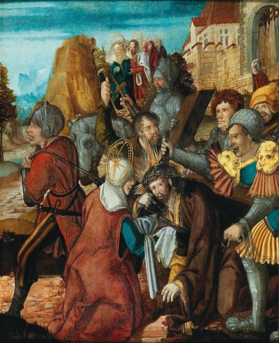 Saint Veronica presenterer sitt slør for Kristus på vei til Golgata, ca 1515-1520. av Southwest German master.
