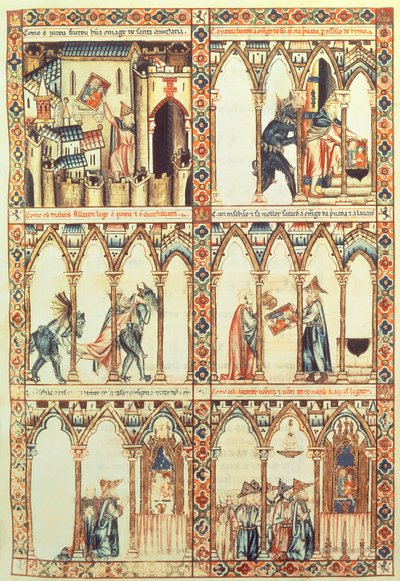 102-0002738 T.I.I. Cantiga 34, illustrasjon fra "Cantigas de Santa Maria", laget under ledelse av Alfonso X ("The Wise") konge av Castille og Leon (1221-84) (vellum) (se også 68647) av Spanish School
