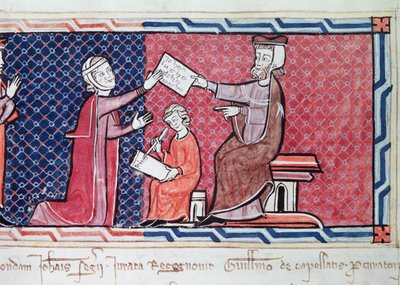 En kvinne som avlegger en ed foran kong James I (1207-76) av Mallorca, detalj av sorenskriveren, kvinnen og skriveren, fra Capbreu de Clayra et de Millas, 1292 (detalj fra 181839) av Spanish School