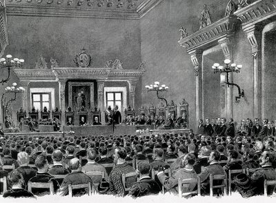En samling katalanske nasjonalister samlet seg i rådhuset i Manresa for å utarbeide de 16 basene for å tjene den katalanske regionale grunnloven i 1892. Tegning av Jaume Pahissa. av Spanish School